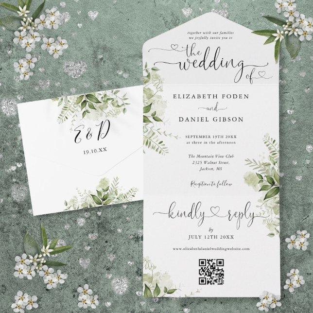Casamento Código QR Corações Florais Caligrafia Ve (Greenery Floral Script Hearts QR Code Wedding All In One Invitation)