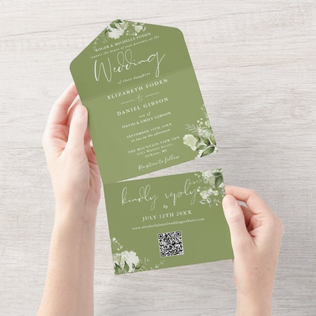 Casamento Código QR de Floral Verde Musgo (Aba destacável)