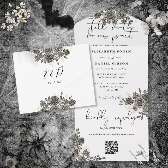 Casamento Código QR de Rosas Florais Góticas Elega (Elegant Gothic Floral Roses QR Code Wedding All In One Invitation)