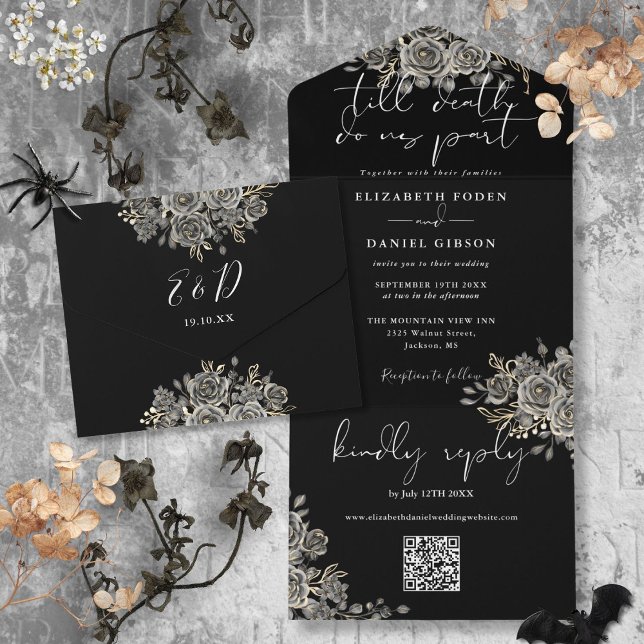 Casamento Código QR de Rosas Pretas e Brancas Góti (Gothic Black And White Roses QR Code Wedding All In One Invitation)