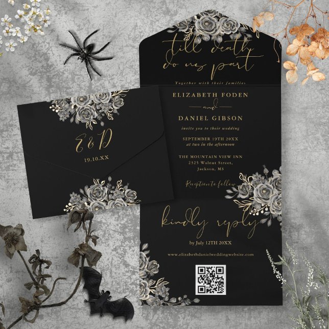 Casamento Código QR de Rosas Pretas e Douradas Gót (Gothic Black And Gold Roses QR Code Wedding All In One Invitation)