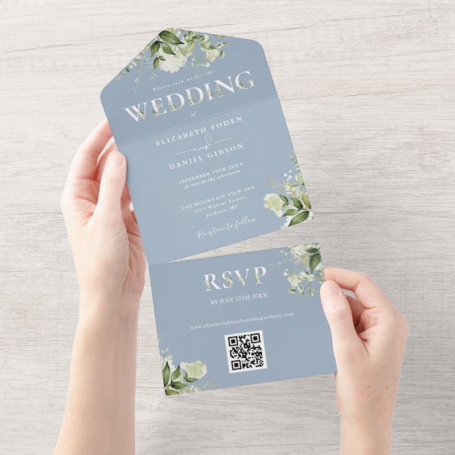 Casamento Código QR de Verde Rústico Azul Empoeira (Aba destacável)