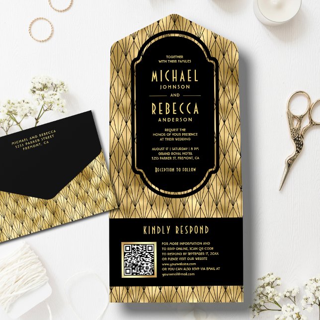 Casamento Código QR Dourado Preto Art Déco Vintage (Criador carregado)