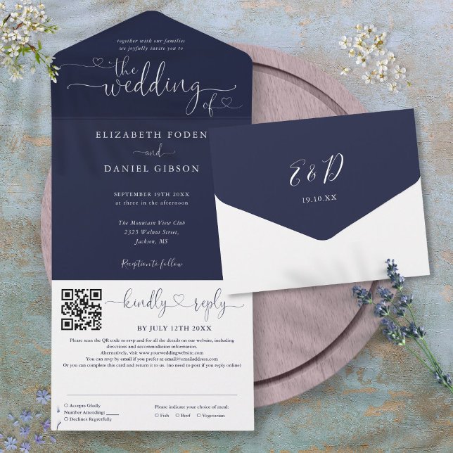 Casamento Código QR em Grafia de Coração Minimalis (Navy Blue Minimalist Heart Script QR Code Wedding All In One Invitation)