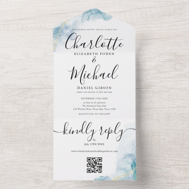 Casamento Código QR em Script Abstrato Aquarela Az (Interno)