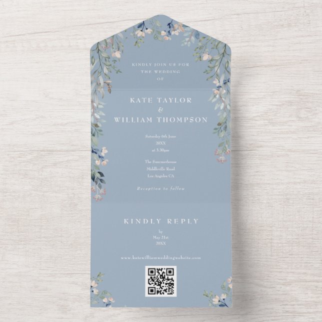 Casamento Código QR Floral Azul Poeirento Verde (Interno)