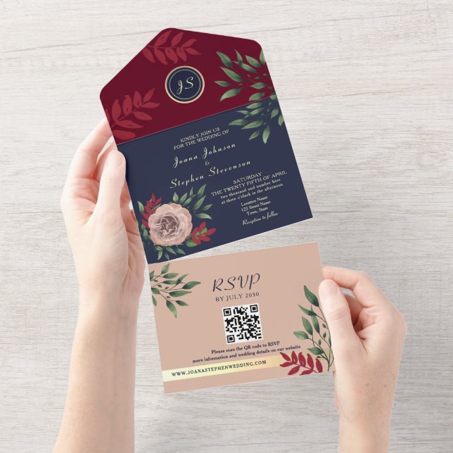 Casamento Código QR Floral Borgonha (Tearaway)