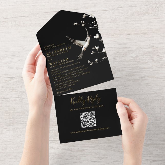 Casamento Código QR Floral de Chinoiserie Preto e  (Aba destacável)