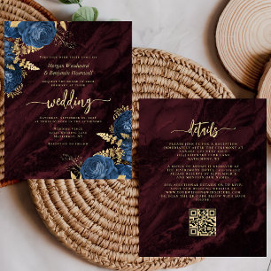 Casamento Código QR Floral Dourado Azul Naval