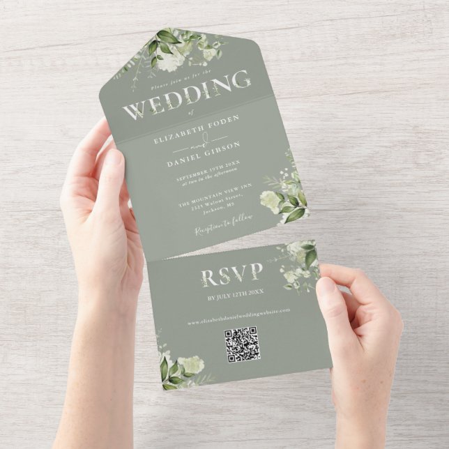 Casamento Código QR Floral Elegante Sage Verde (Aba destacável)