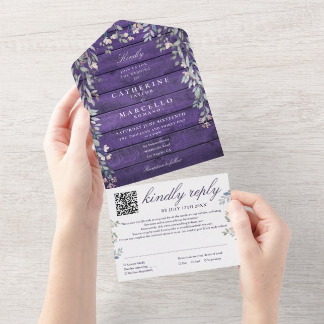 Casamento Código QR Floral em Madeira de Celeiro R (Aba destacável)