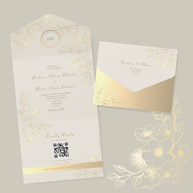 Casamento Código QR Floral Ivory Gold (Criador carregado)
