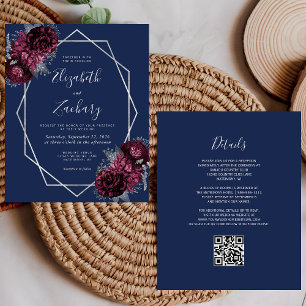 Casamento Código QR Floral Prata Borgonha Azul-Mar