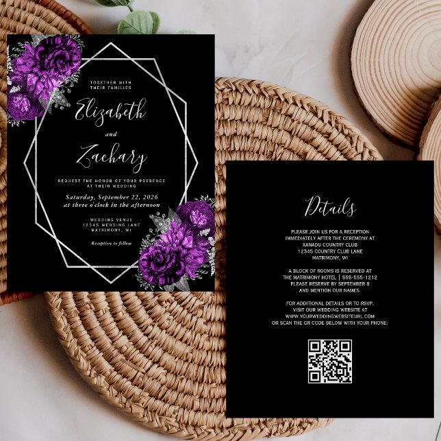 Casamento Código QR Floral Prata Roxo Orçamento (Criador carregado)