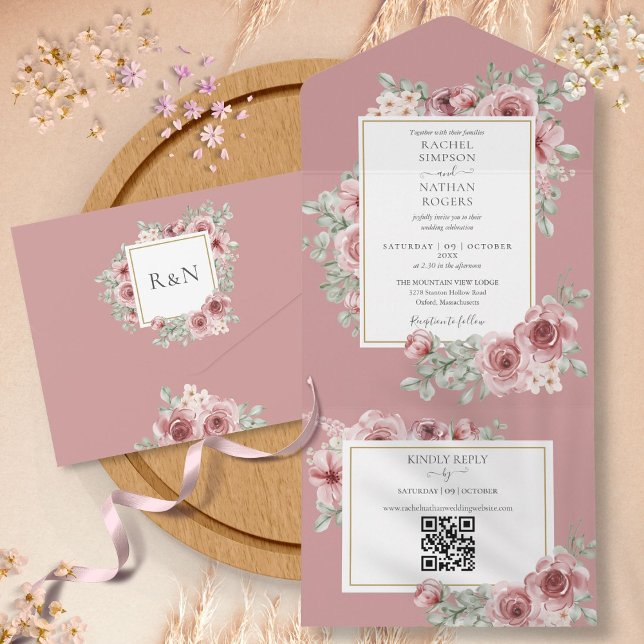Casamento Código QR Floral Rosa Empoeirada (Dusty Rose Floral QR Code Wedding All In One Invitation)