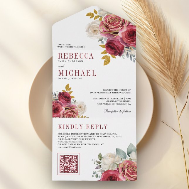Casamento Código QR Floral Rosas Vermelhas Borgonh (Criador carregado)