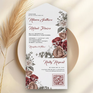Casamento Código QR Floral Rosas Vermelhas Borgonh