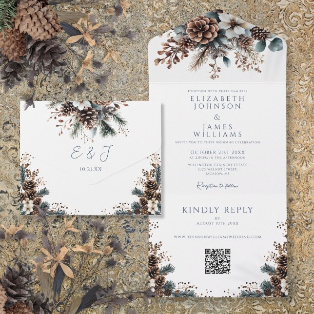 Casamento Código QR Floral Rústico Elegante de Pin (Elegant Rustic Floral Pinecone QR Code Wedding All In One Invitation)