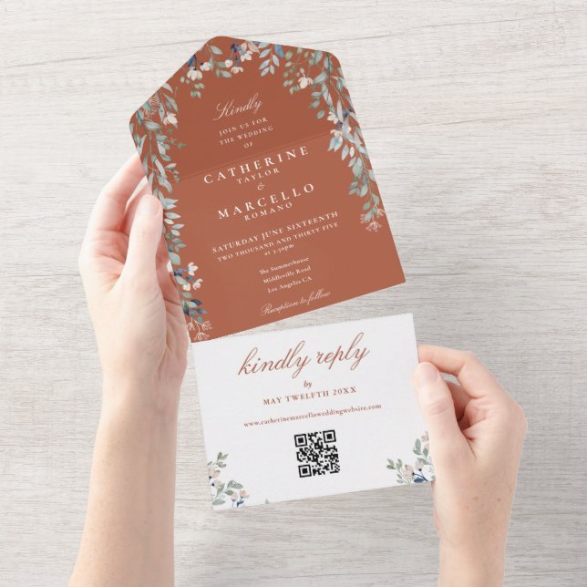 Casamento Código QR Floral Terracota (Aba destacável)
