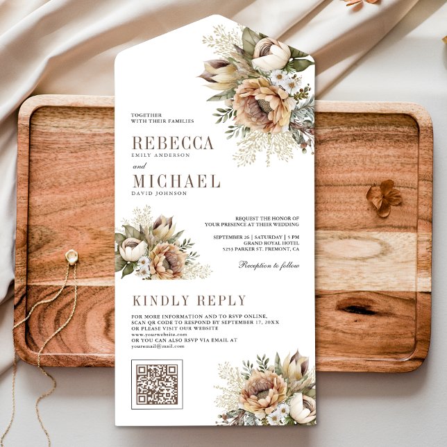 Casamento Código QR Floral Terroso Neutro Boho (Criador carregado)