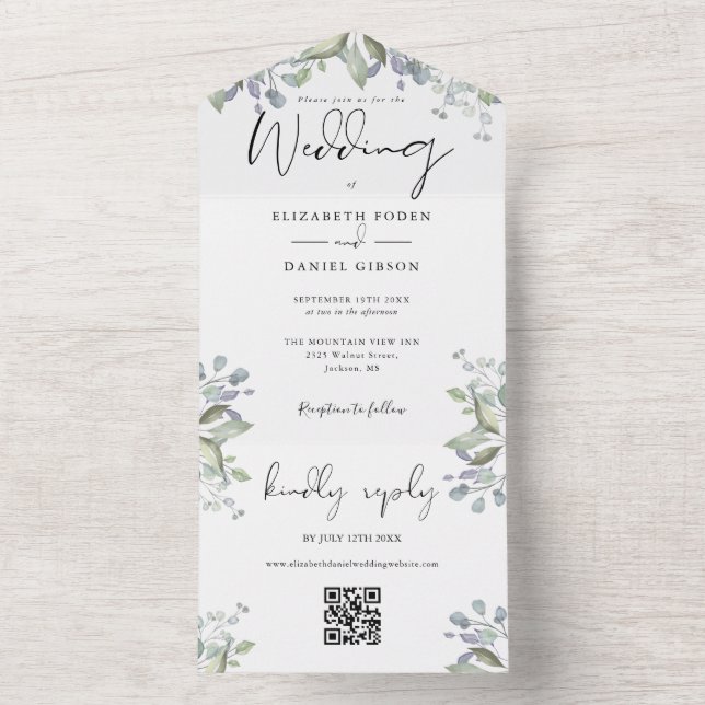 Casamento Código QR Folhagem Verde Script Elegante (Inside)