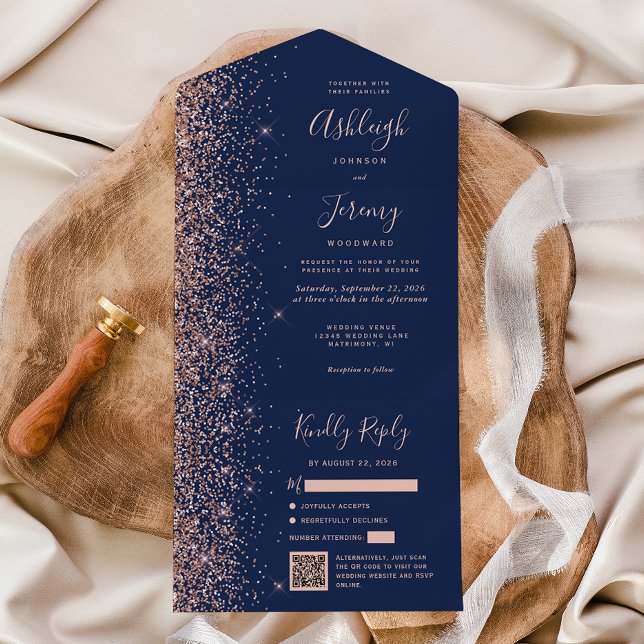 Casamento Código QR Glitter Rosa Dourado Azul Mari (Criador carregado)