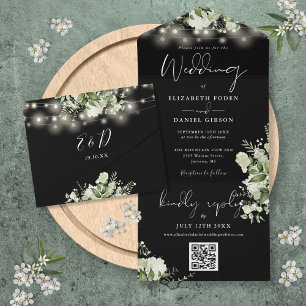 Casamento Código QR Luzes Florais Preto e Branco