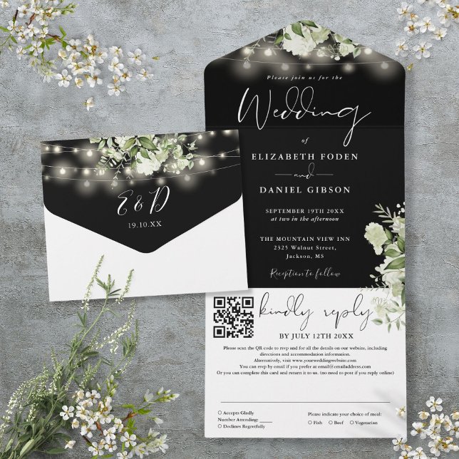 Casamento Código QR Luzes Florais Preto e Branco (Black And White Floral Lights QR Code Wedding All In One Invitation)