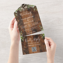 Casamento Código QR Luzes Verde Folhagem Madeira R