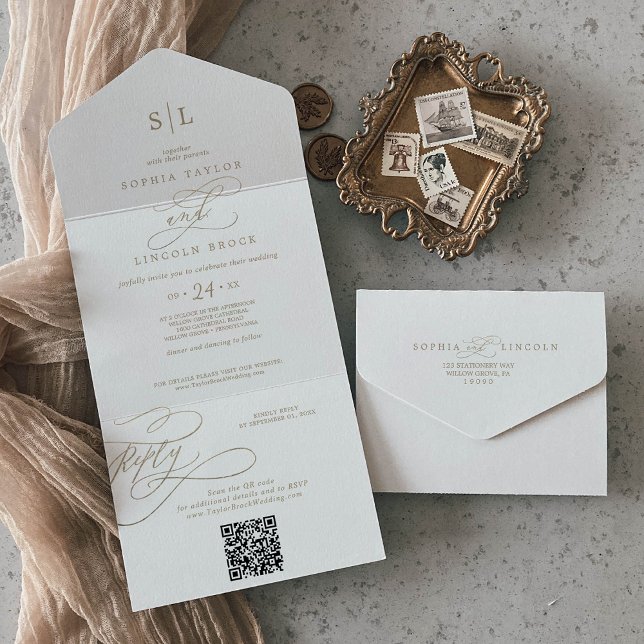 Casamento Código QR Monograma Caligrafia Romântica (Romantic Gold Calligraphy Monogram QR Code Wedding All In One Invitation)