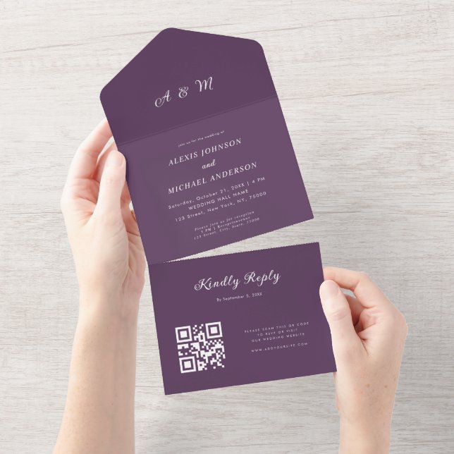 Casamento Código QR Monograma Elegante Roxo Ameixa (Aba destacável)