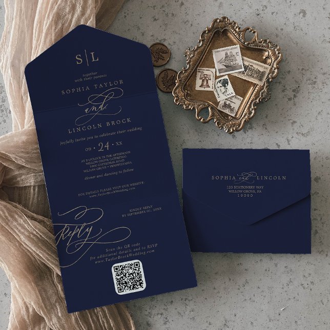 Casamento Código QR Monograma Ouro e Azul-Marinho  (Romantic Gold and Navy Monogram QR Code Wedding All In One Invitation)