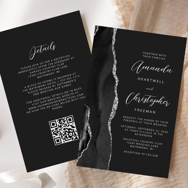 Casamento Código QR Preto Escuro Ágata Prata Orçam (Criador carregado)