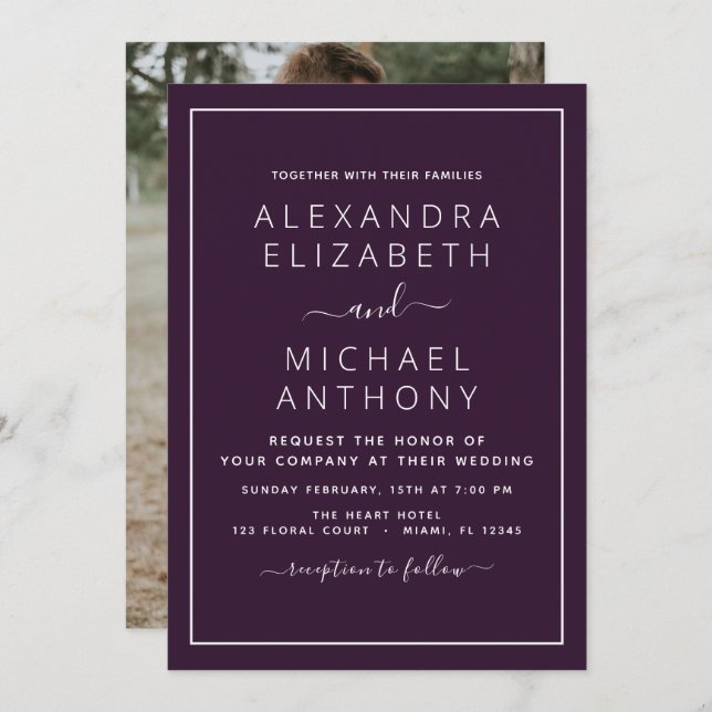 Casamento com ameixa Roxa com Convite Fotográfico (Frente/Verso)