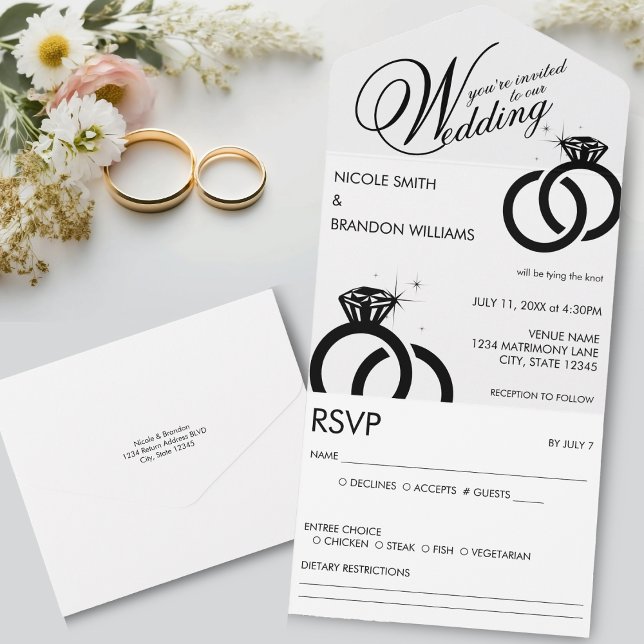 Casamento com Anéis de Diamante Branco e Preto (White & Black Diamond Ring Wedding All In One Invitation)