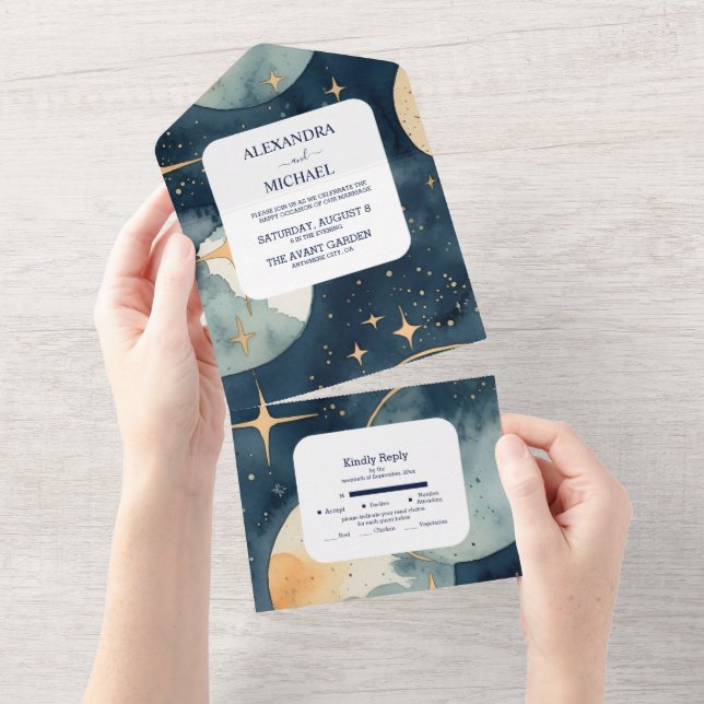 Casamento com Aquarela em Azul e Dourado Místico d (Aba destacável)
