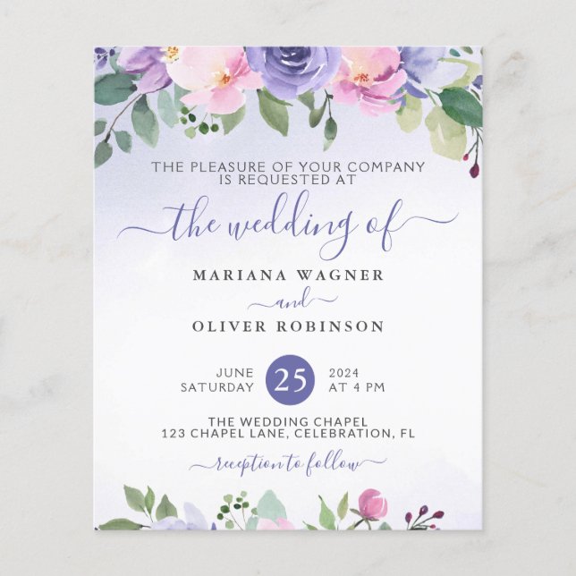Casamento com Aquarela Floral Rosa Roxo dentro do  (Frente)