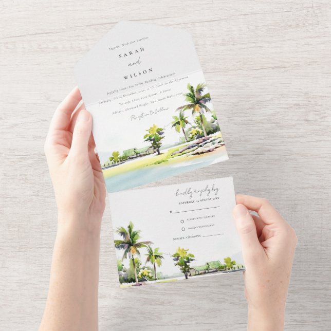 Casamento com Aquarelas de Palma de Praia Tropical (Aba destacável)