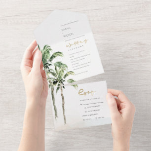 Casamento com Aquarelas de Palmeiras de Praia Trop