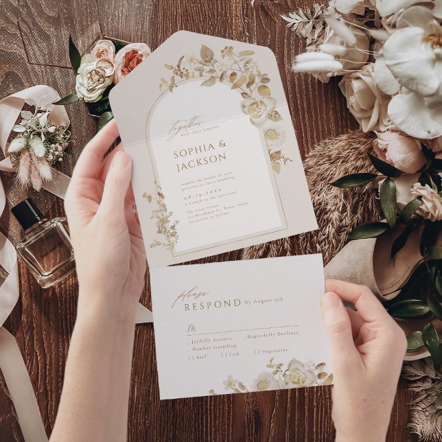 Casamento com Arca Foral Botânica Dourada Elegante (Elegant Gold Botanical Floral Arch Wedding All In One Invitation)