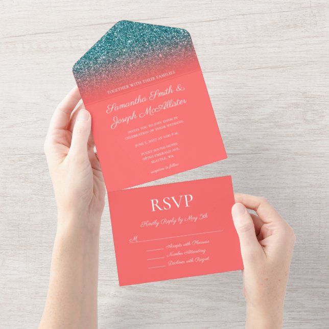 Casamento com Brilho Ombre Coral e Turquesa (Aba destacável)