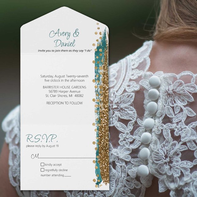 Casamento com Caligrafia Dourada de Teal Moderno (Beautiful teak and gold edge gives a distinctly modern vibe to this all-in-one invitation)