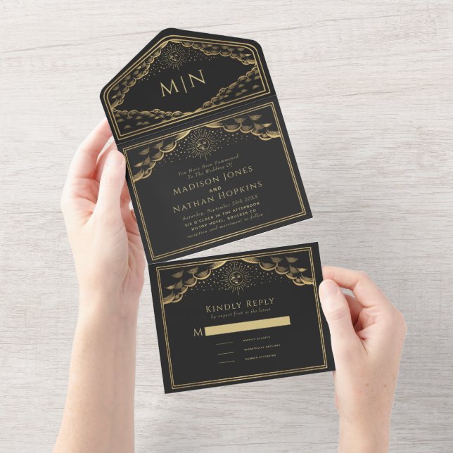 Casamento com Cartão Tarot Elegante Sun e Moon (Aba destacável)