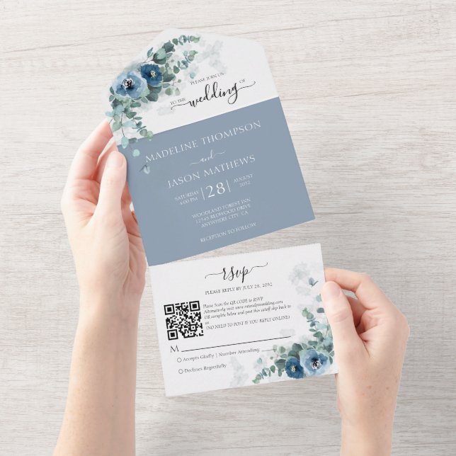 Casamento com Código Qr Azul-Dusty Floral Elegante (Aba destacável)