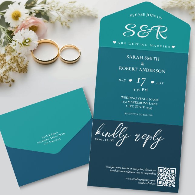 Casamento com Código QR Azul Retroativo (Retro Blue QR Code Wedding All In One Invitation)