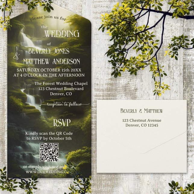 Casamento com Código QR da Floresta em Cascata (All in one wedding invitation featuring a magical forest design with waterfalls and QR code template)