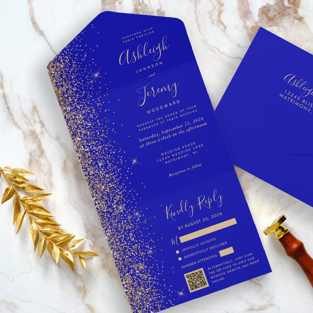 Casamento com Código QR de Brilhante Real Dourada  (The perfect choice for a royal blue and gold themed wedding.)