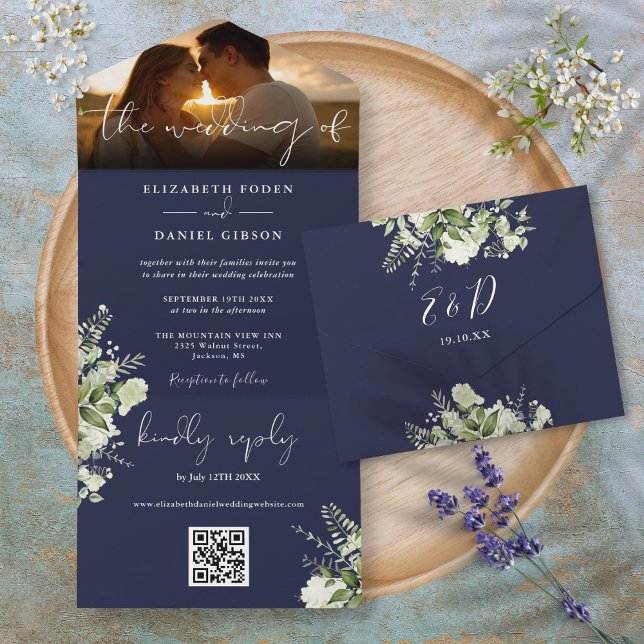 Casamento com Código QR de Floral Verde Azul-Marin (Navy Blue Floral Greenery QR Code Wedding Photo All In One Invitation)