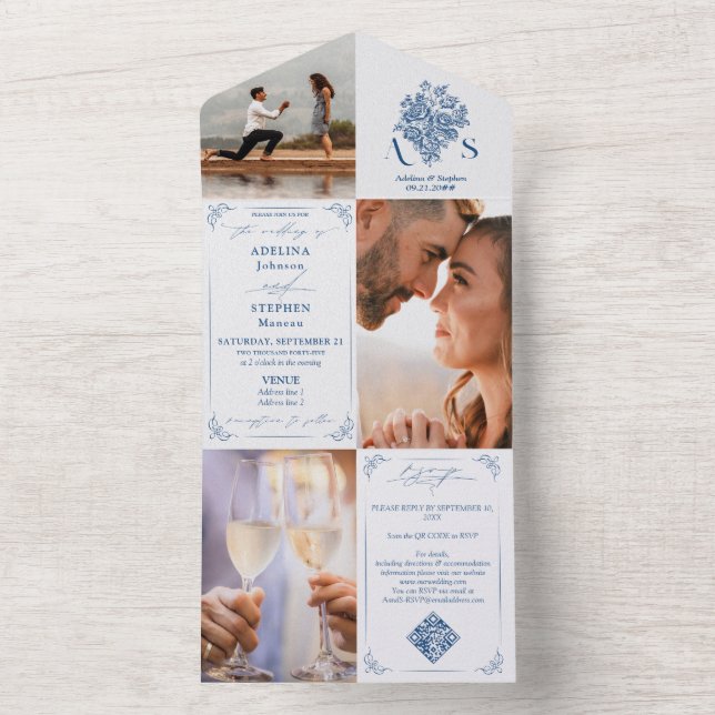 Casamento com Código QR de Foto Azul 3 Foto Buquê  (Interno)