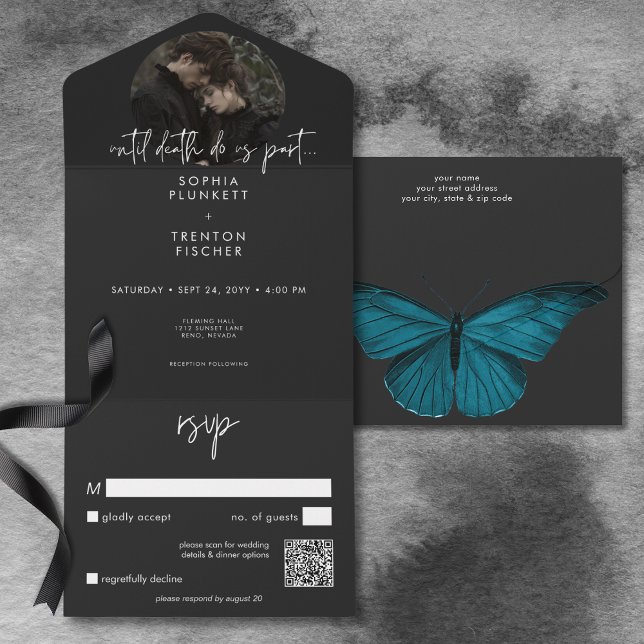 Casamento com Código QR de Foto de Mariposa Minima (Dark Moody Minimal Moth Photo QR Code Wedding All In One Invitation)
